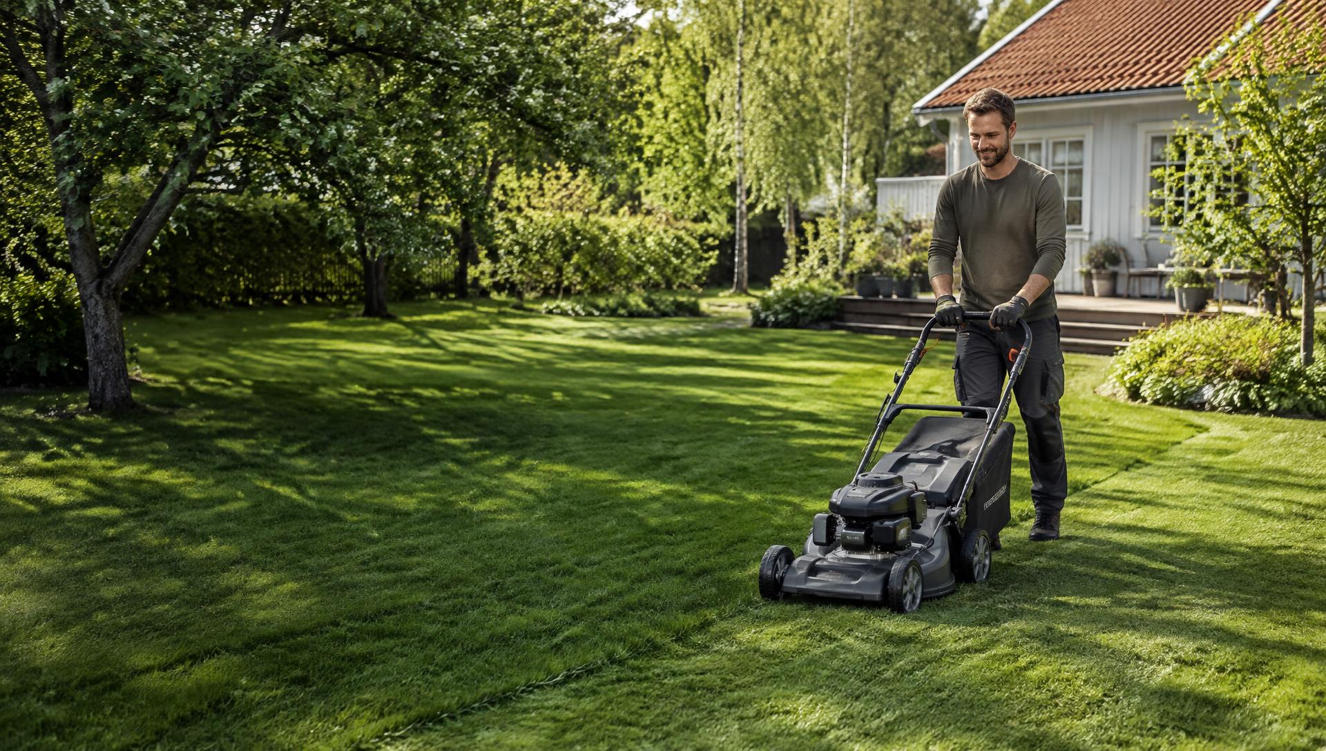 En person klipper gräset i en svensk villaträdgård